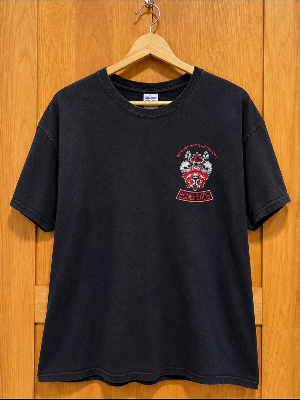 Vintage Boneheads Support Our Troops Graphic T-Shirt Black XL Biker Skull Tee